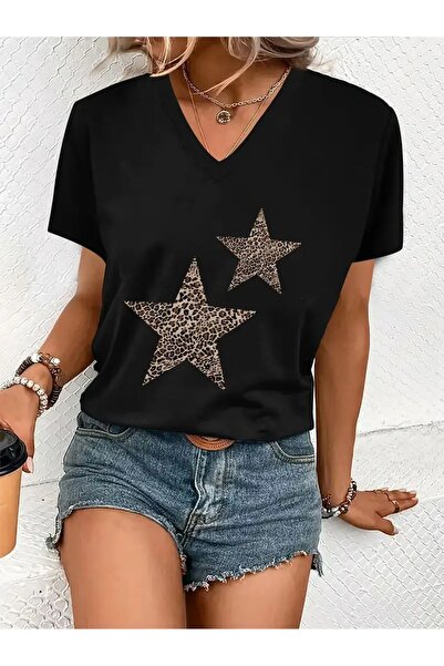 WOODROFFE Kadın V yaka Siyah Tişört Oversize Salaş Yeni Sezon