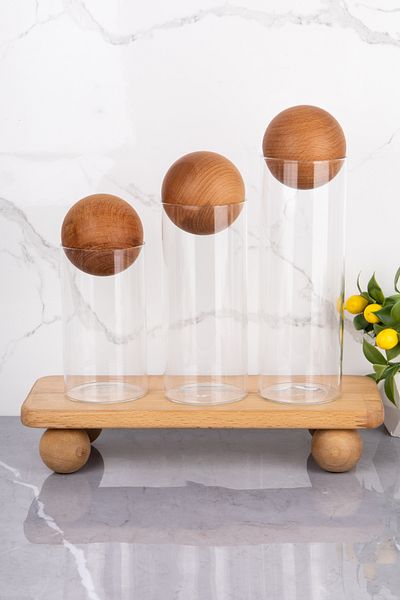 MODA OZY Set of 3 Wooden Ball Lid Glass Jars with Stand, Sugar Bowl, Snack Bowl, Spice Rack and Storage Container