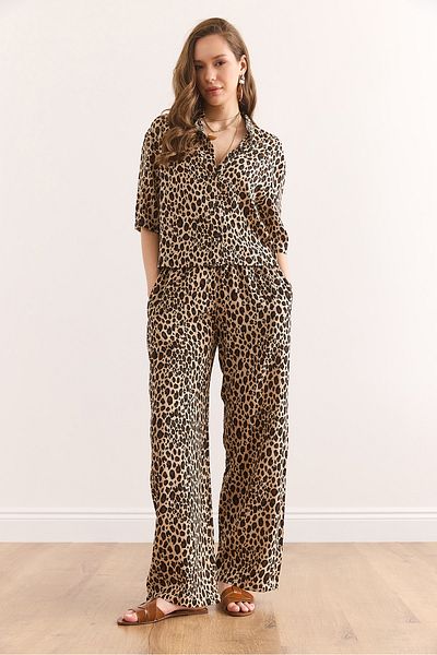 Olalook Women's Leopard Camel Top Shirt Bottom Pocket Pants Viscose Suit Tkm- 19000377