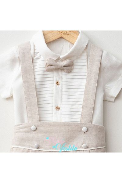 MiniVestito Noble Tiny Ribbed Bow Tie Linen Salopet Set