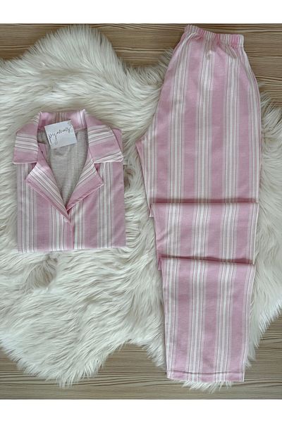 Pijamacs Pink Striped Patterned Cotton Short Sleeve Shirt Collar Pajama Set