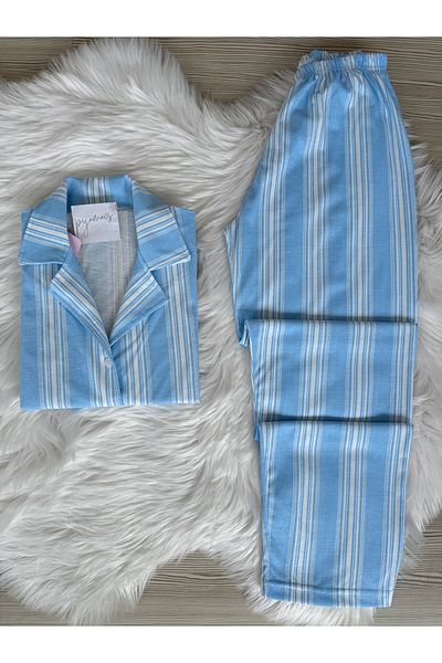 Pijamacs Set de pijamale cu guler de cămașă cu mânecă scurtă din bumbac cu dungi albastre