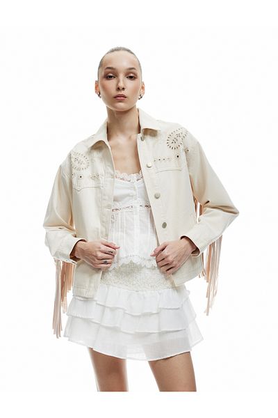 Koton Long Sleeve Classic Collar Embroidery Detailed Buttoned Pocket Tassel Shirt Jacket