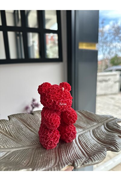 Büyük Teddy Mum, Ayı Mum, Gül Desenli Ayı Mum, Hediyelik Mum