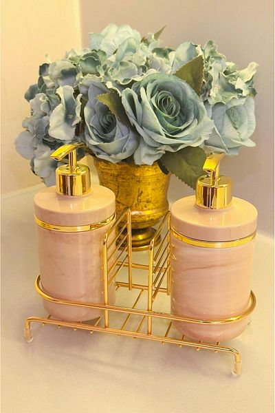 Makri Set of 2 Liquid Soap Dispensers with Gold Color Detail, Sponge Holder and Stand