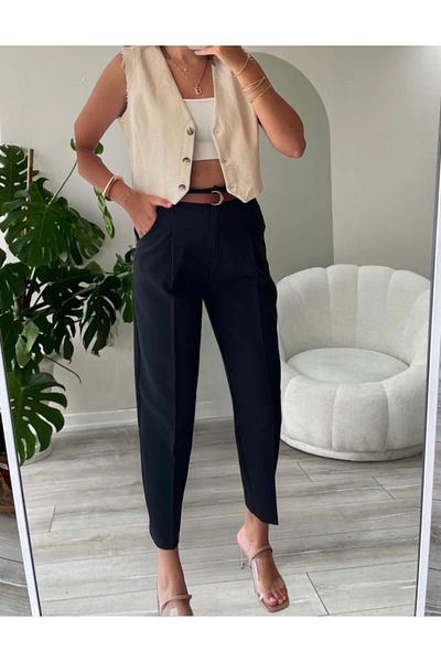 Heyya Women's Skinny Leg Pleated Belted Black Fabric Trousers