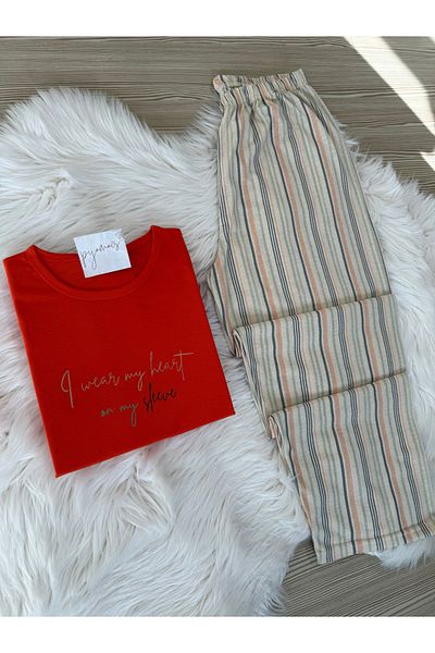 Pijamacs Plus Size Orange Striped Pattern Cotton Long Sleeve Knitted Pajamas Set