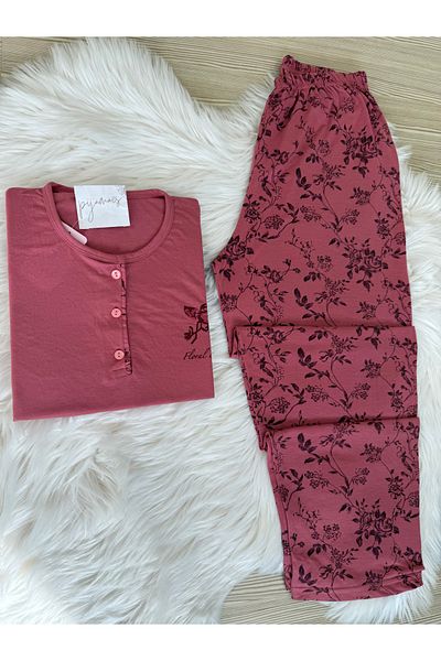 Pijamacs Large Size Dark Pink Floral Pattern Knitted Short Sleeve Pajamas Set