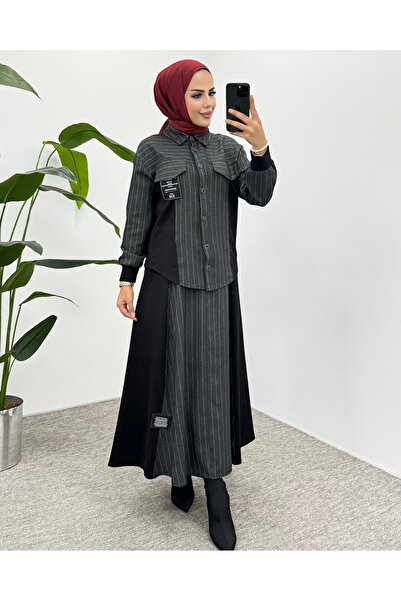 Puane Women's Stripe Transition Label Detailed Skirt Suit Anthracite 14258