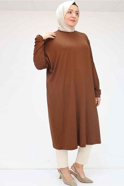 Moda Rosa 25Y28092 - Brown - Large Size Low Sleeve Combed Cotton Tunic