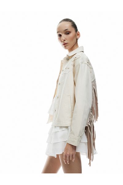 Koton Long Sleeve Classic Collar Embroidery Detailed Buttoned Pocket Tassel Shirt Jacket