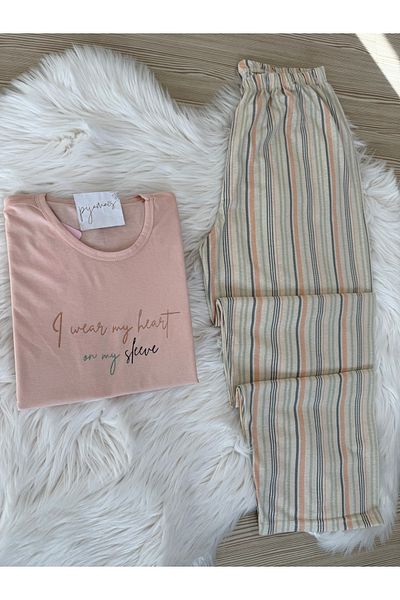 Pijamacs Plus Size Powder Striped Pattern Cotton Long Sleeve Knitted Pajamas Set