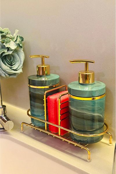 Makri Set of 2 Liquid Soap Dispensers with Gold Color Detail, Sponge Holder and Stand