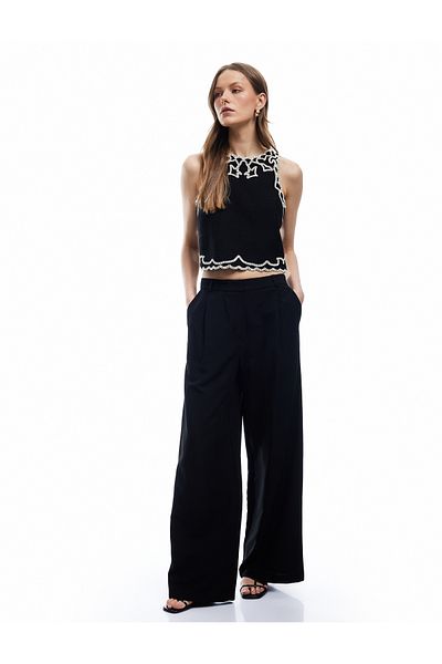 Koton Viscose Linen Blended Wide Leg Palazzo Trousers with Pockets