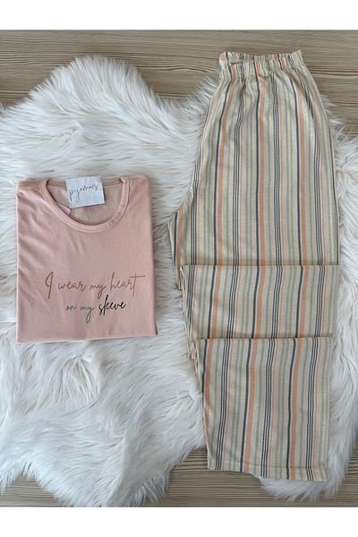 Pijamacs Plus Size Powder Striped Pattern Cotton Long Sleeve Knitted Pajamas Set