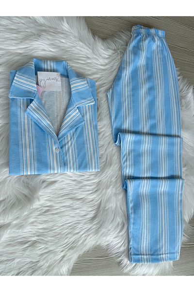 Pijamacs Set de pijamale cu guler de cămașă cu mânecă scurtă din bumbac cu dungi albastre
