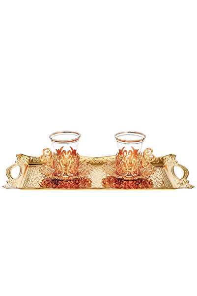 Yaren Style İkili Osmanlı Lale Dekorlu Gold Kuplu Çay Bardağı, Çay Kaşığı & T...