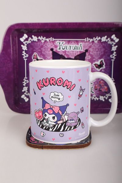 kuromi Dekomus with Licensed New Season Kuromi Mini Metal Tray, Porcelain Mug with Coaster Set of 3