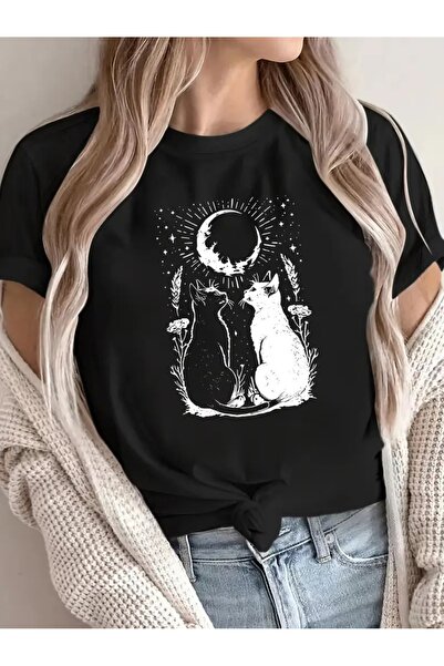 WOODROFFE Tricou oversize cu imprimeu drăguț cu pisică și lună