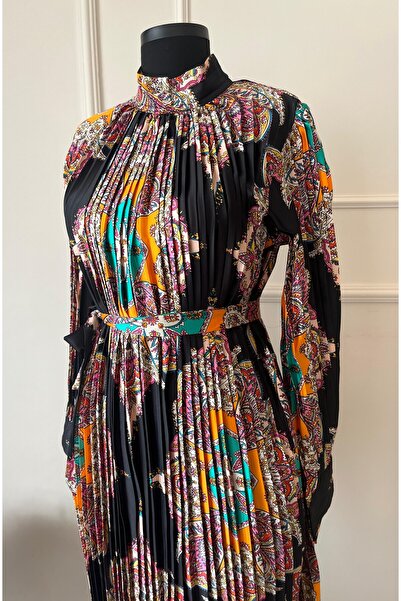 aura studio İthal Piliseli Desenli Elbise