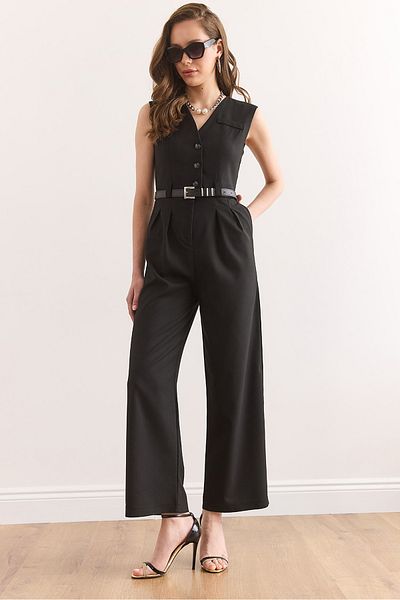 Olalook Women's Black Pocket Belted Buttoned Polyviscon Jumpsuit Tlm-19000158