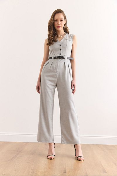 Olalook Women's Gray Pocket Belted Buttoned Polyviscon Jumpsuit Tlm-19000158