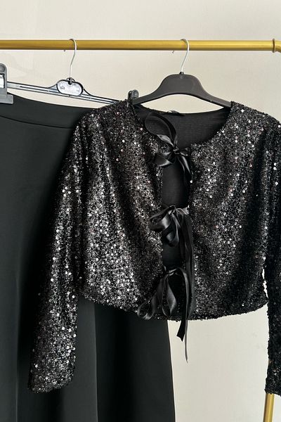 Bold Grup Women's Sequined Ribbon Scuba Skirt Jacket Double Set
