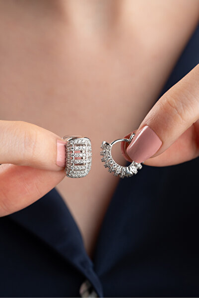 Silvano Jewelry 925 Ayar Gümüş Halka Taşlı Küpe
