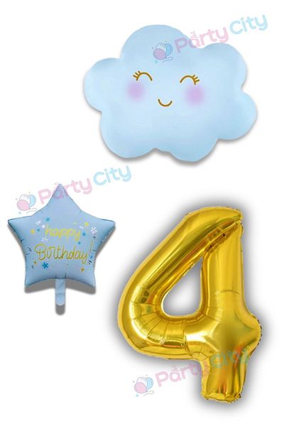 Party City Σετ χρυσό μίνι μπαλόνι 4 ετών-μπλε μπαλόνι με φύλλο σύννεφο-ευτυχισμένα γενέθλια μπαλόνι με αστέρι