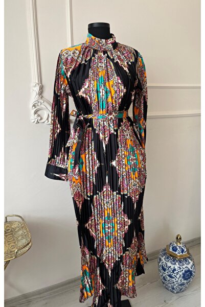 aura studio İthal Piliseli Desenli Elbise