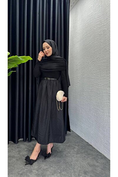 Monchoix فستان مادونا ذو الياقة النسائية مع تنورة واسعة وتفاصيل رباط