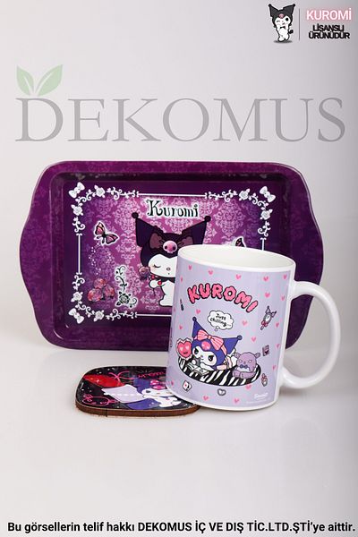 kuromi Dekomus with Licensed New Season Kuromi Mini Metal Tray, Porcelain Mug with Coaster Set of 3