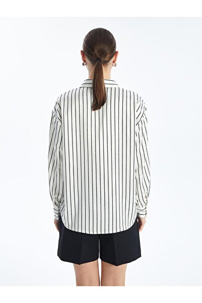 LC Waikiki Çizgili Uzun Kollu Oversize Saten Kadın Gömlek