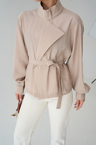 LOOSH Kadın Bej Dik Yaka Kuşaklı Ceket Gömlek