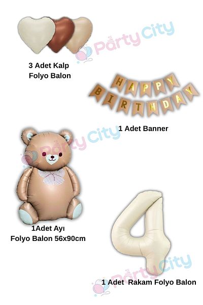Party City 4 Year Old Big Bear Balloon Themed Birthday Celebration Set with Bow Tie - Heart Balloon-Happy Birthday
