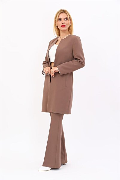 ÖNDER ÖZSOY Zero Collar Plain Long Jacket & Spanish Flare Trousers - Brown - ...