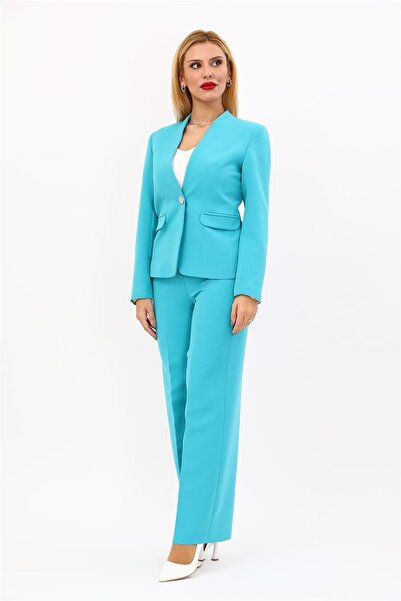 ÖNDER ÖZSOY Single Button Classic Jacket & Wide Leg Trousers - Turquoise - 10...
