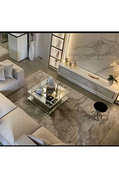 LUXURY VİLLA Gümüş Ve Bronz Aynalı Tekerlekli Orta Sehpa 90x90 Yükseklik 38