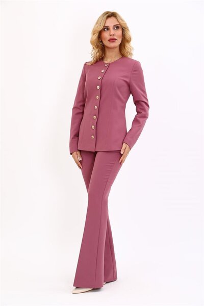 ÖNDER ÖZSOY Zero Collar Buttoned Jacket & Spanish Flare Trousers-Rose - 1064530