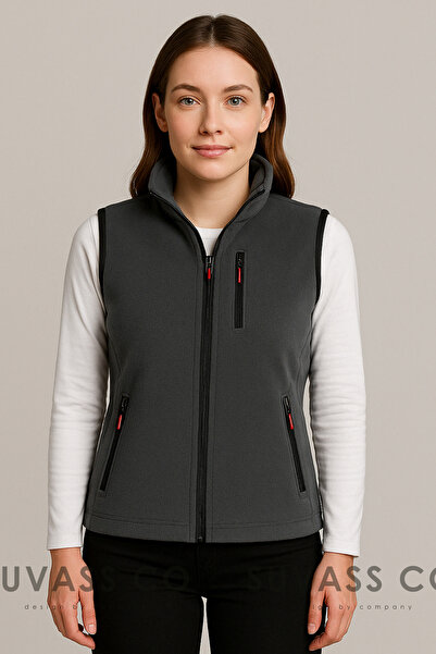 SUVASS CO Kadın Koyu Gri Çok Cepli Polar Yelek