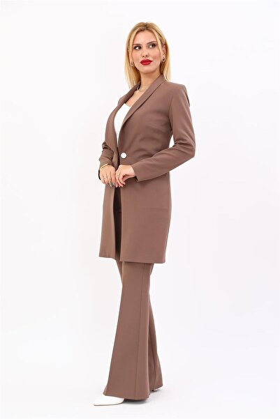 ÖNDER ÖZSOY Shawl Collar Pocketed Long Jacket & Spanish Flare Trousers - Brow...
