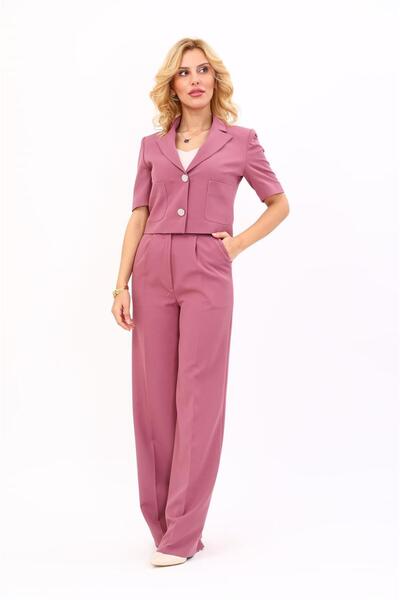 ÖNDER ÖZSOY V Yaka Kısa Ceket & Korsaj Kemer Palazzo Pantolon-Rose