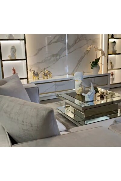 LUXURY VİLLA Gümüş Ve Bronz Aynalı Tekerlekli Orta Sehpa 90x90 Yükseklik 38