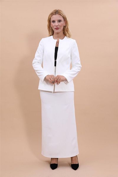 ÖNDER ÖZSOY Plus Size - Oval Neck Long Jacket & Long Pencil Skirt Set-White
