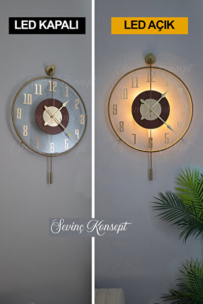 SEVİNÇ KONSEPT Led'li Golden Latin Tiktok Face Büyük Boy (50 X 75 CM) Modern Dekoratif Sarkaçlı Metal Duvar Saati