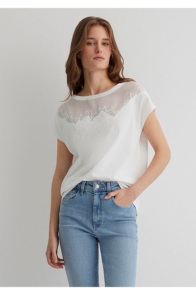 Mavi Weißes T-Shirt mit Spitzendetail, reguläre Passform 1612305 -70057