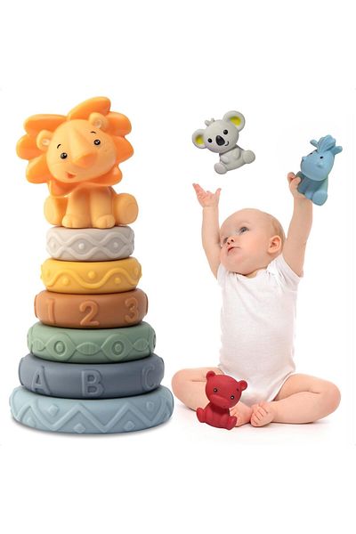COOYA Baby Building Blocks Stacking Toys, Safe Silicone, Fruit and Letter Rings, Suitable for Babies