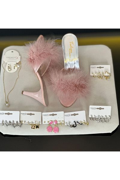 KARAOĞLU TEKSTİL Women's Powder Feather Heeled Bridal Slippers Dowry Box