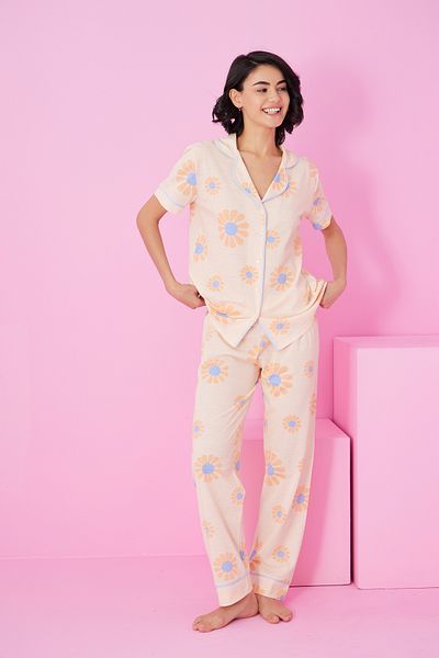 Siyah İnci Yellow Big Daisy Patterned Short Sleeve Buttoned Pajama Set7854
