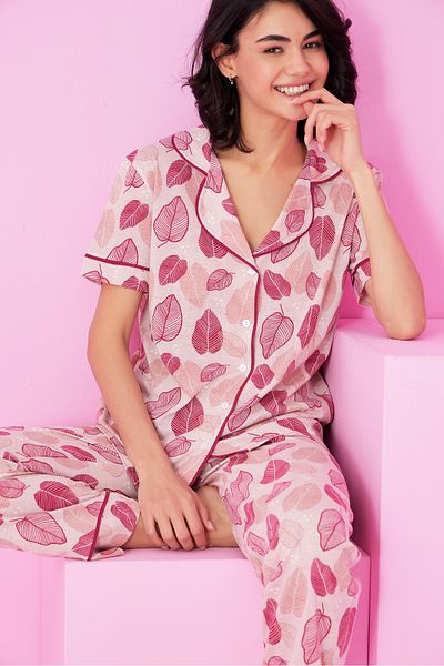 Siyah İnci Cherry Leaf Patterned Short Sleeve Buttoned Pajama Set7856
